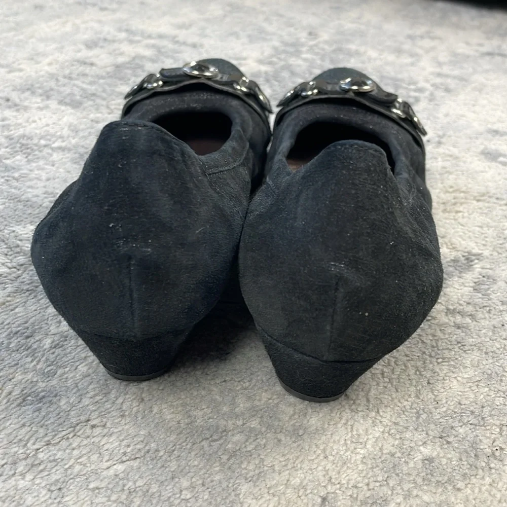 AGL Cap Toe Buckle Ballet Shoes Low Wedge Shimmer Silver Black Sz 39.5